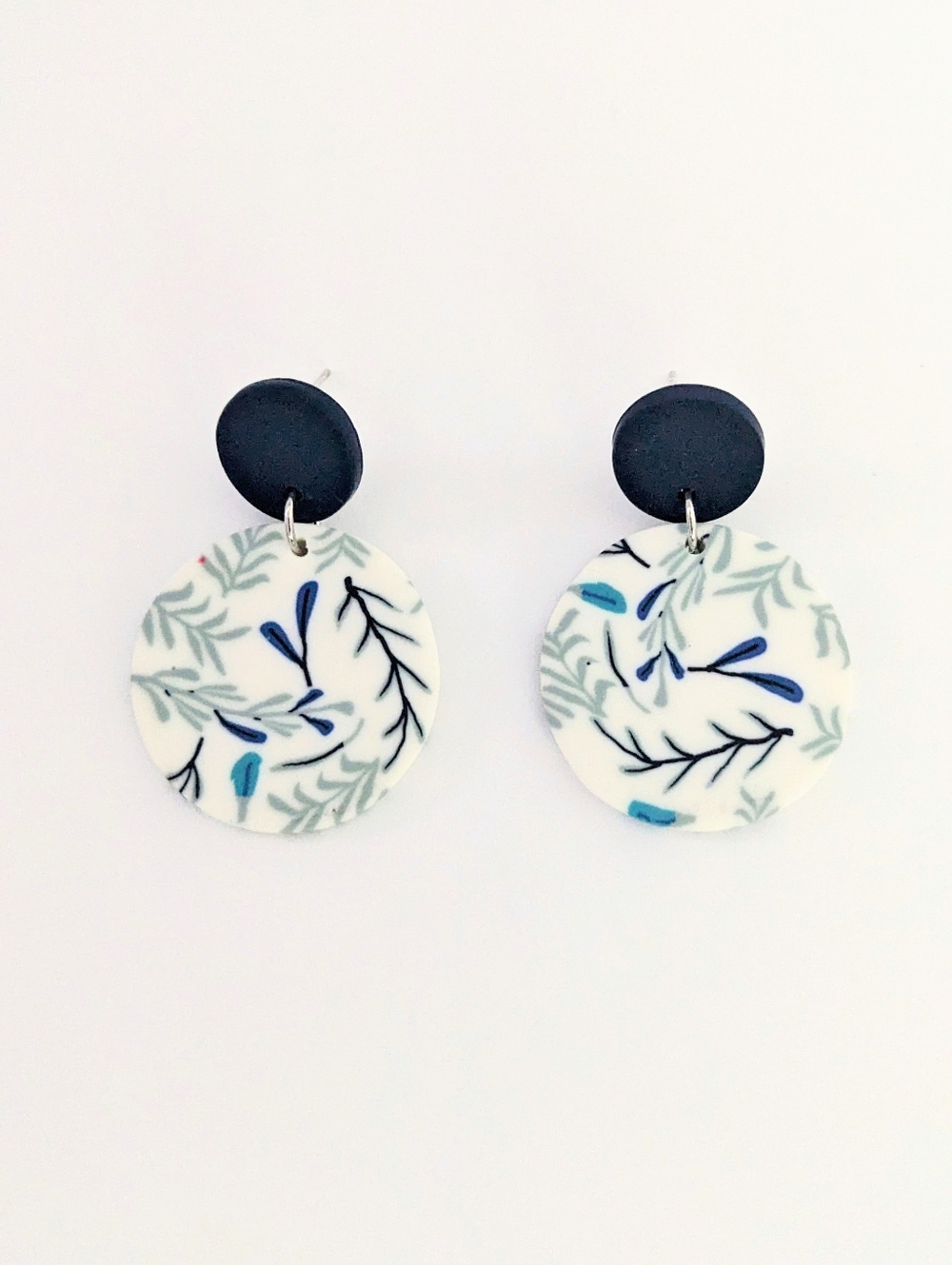 Navy and White Leaf Design Earrings